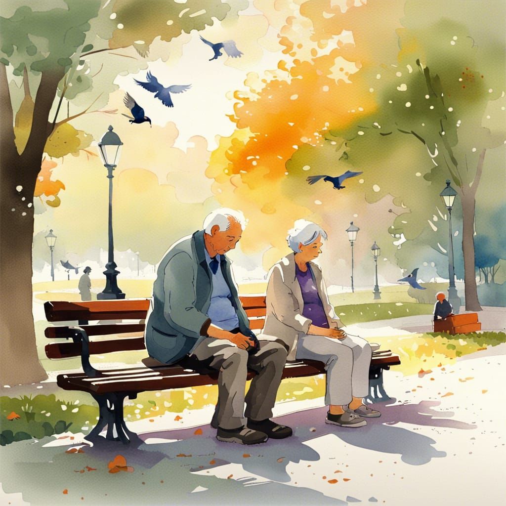 Peaceful Park Scene: Elderly Couple Feeding Pigeons