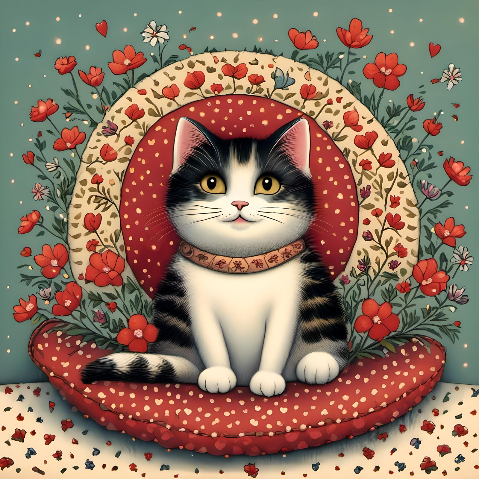 Cute Cat Surrounded by Flowers in Comic Art Style