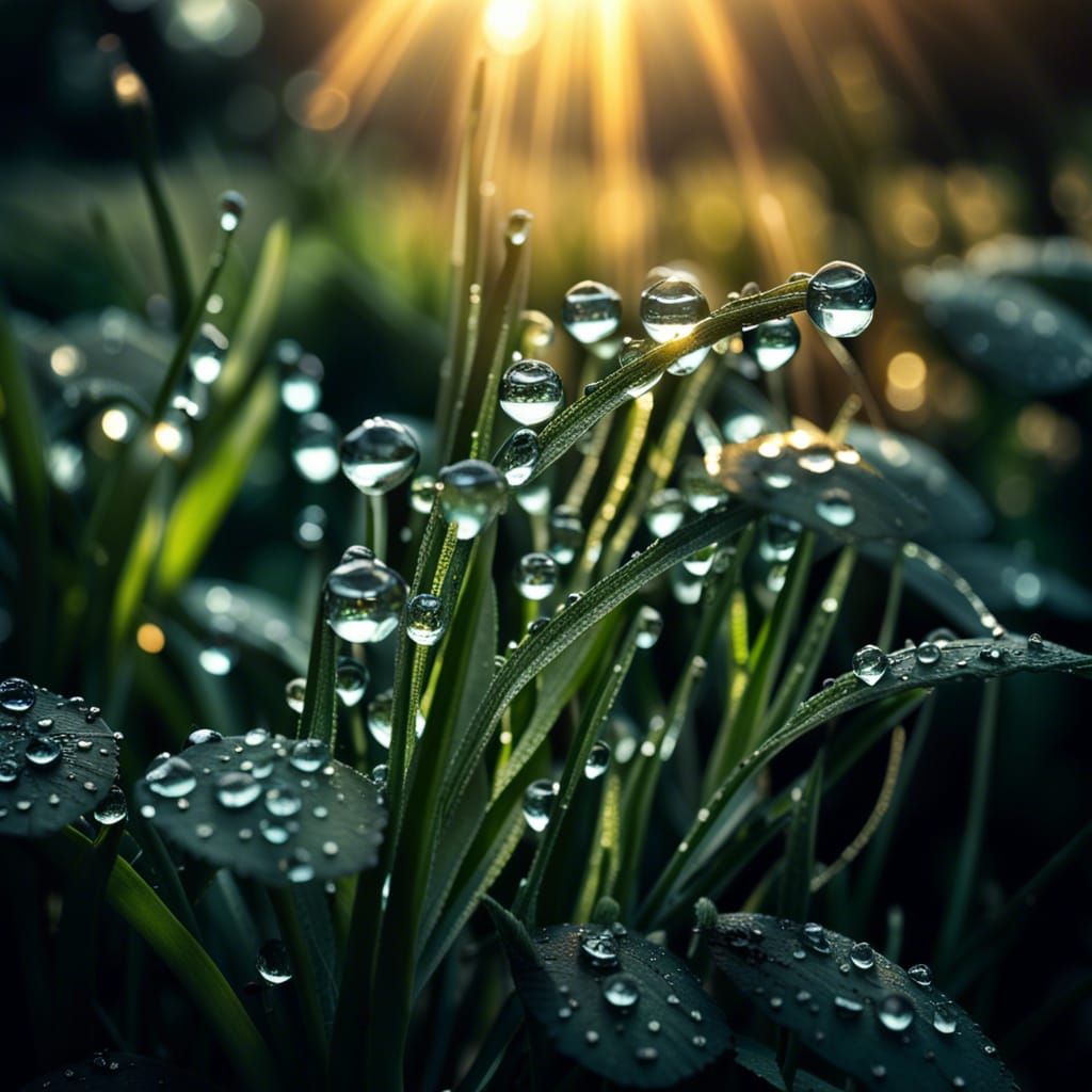 Dew Drops on Herbs in Hyperrealistic Detail