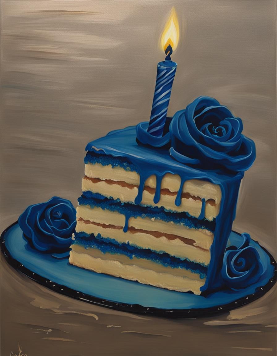 Painting of Birthday Cake with Blue Icing