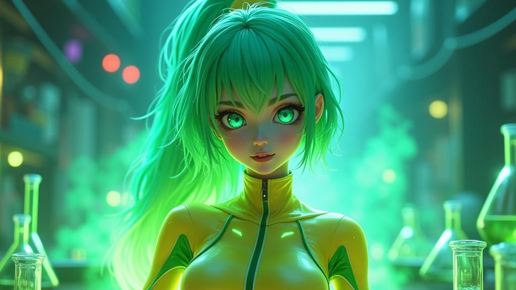 Fluorine Anime Girl in Futuristic Lab: Digital Art
