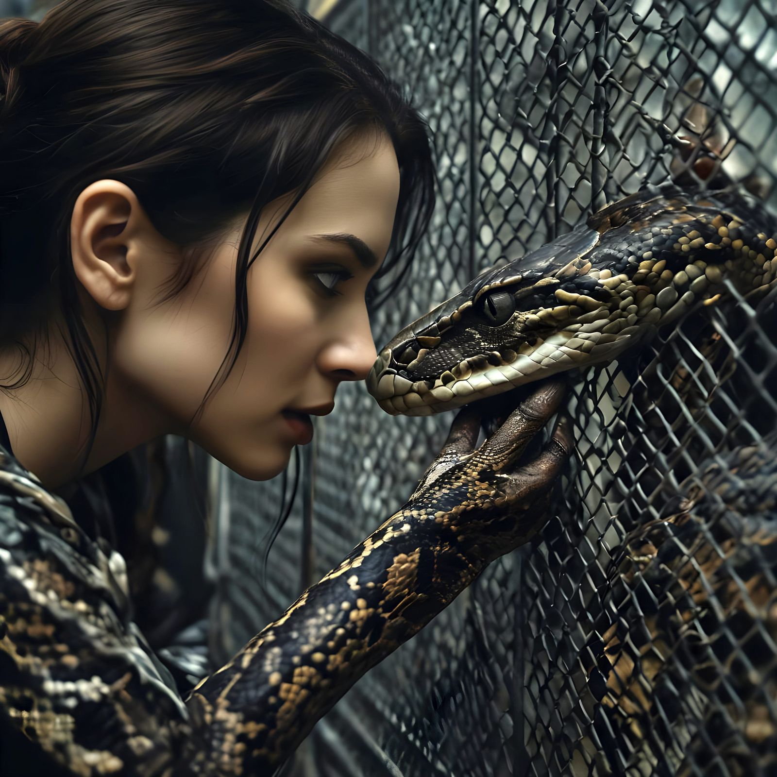 Gothic Woman and Python: Intimate Cinematic Portrait