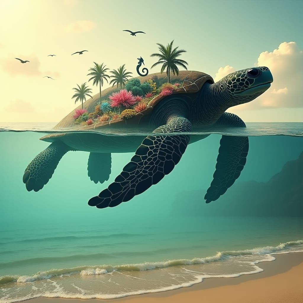 Create a digital hyrealistic double exposure image that captures the silhouette of a giant ancient turtle crawling on th...