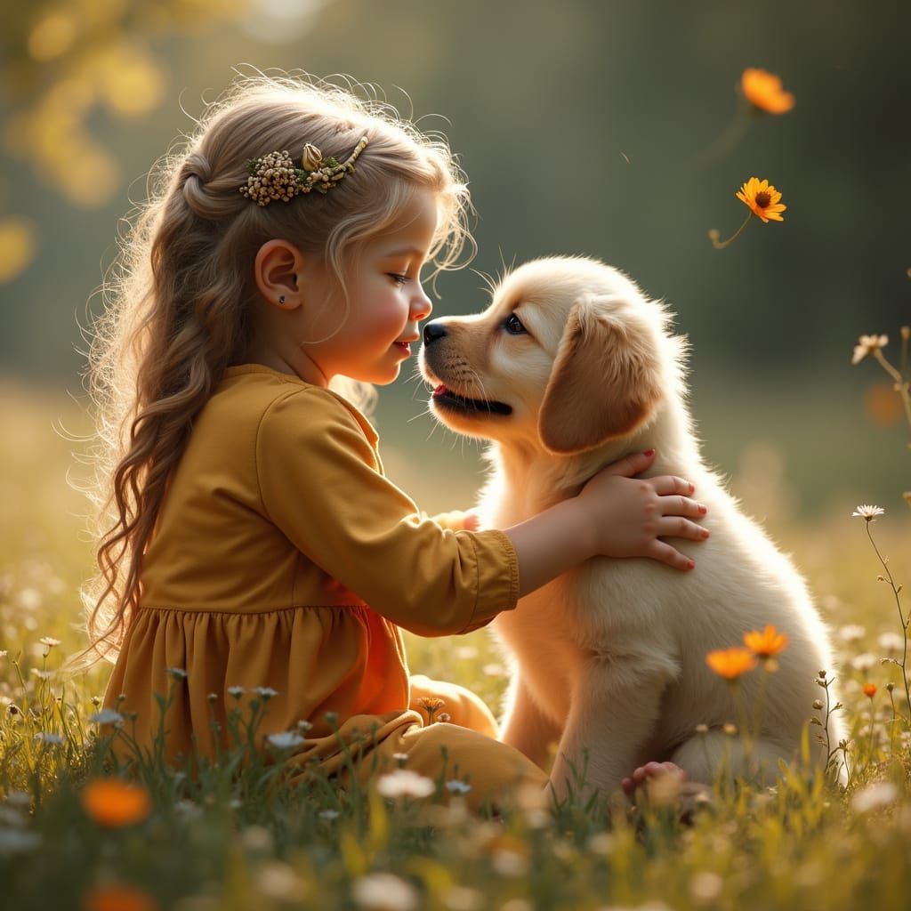 Little girl petting a golden retriever puppy on the back