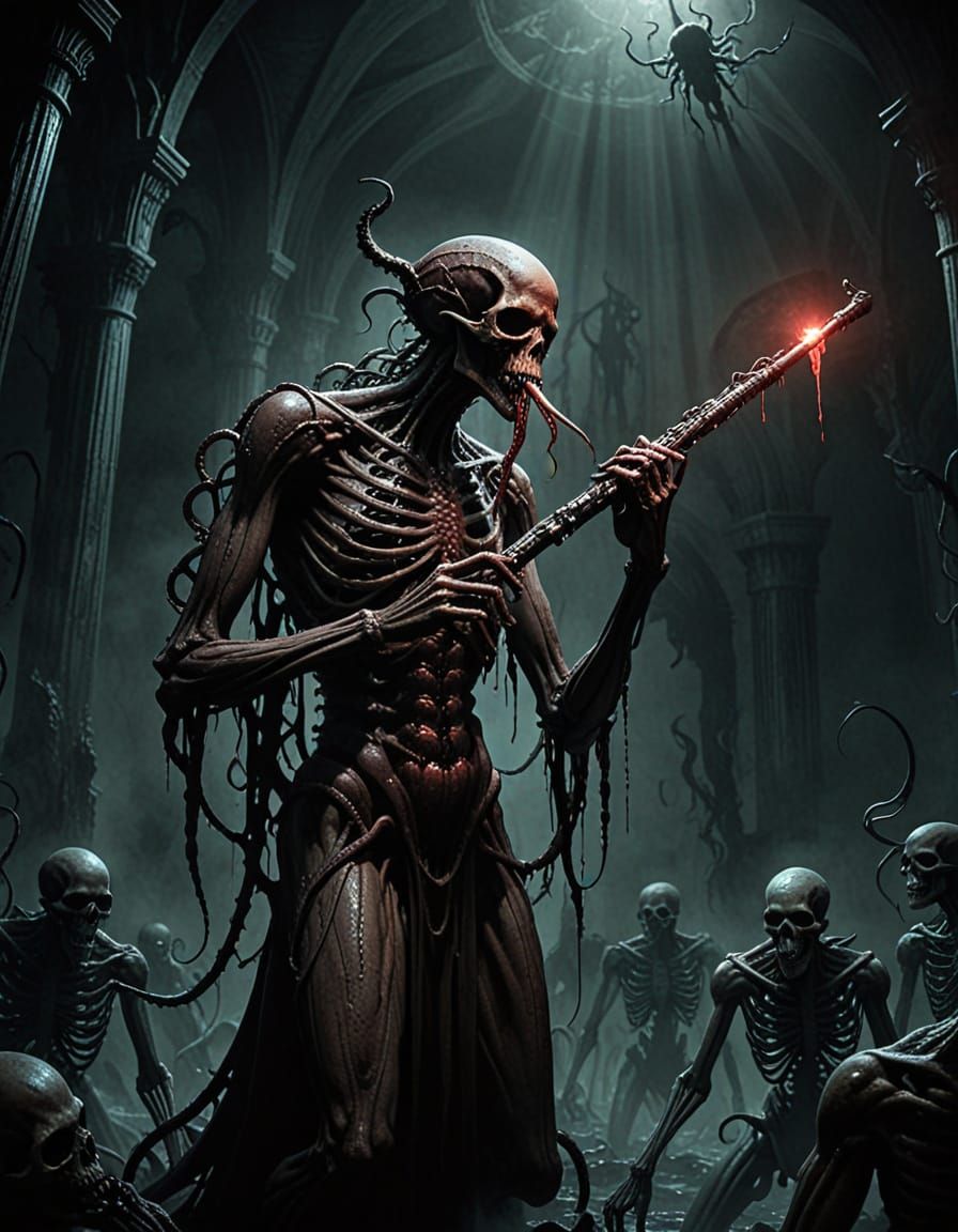 Monstrous Flautist Conjures Undead in Dark Fantasy Scene
