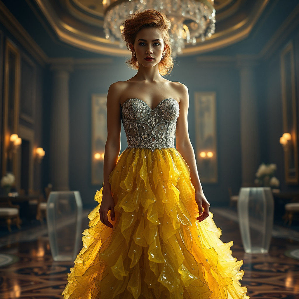 Woman in Crystal Dress in Grand Ballroom