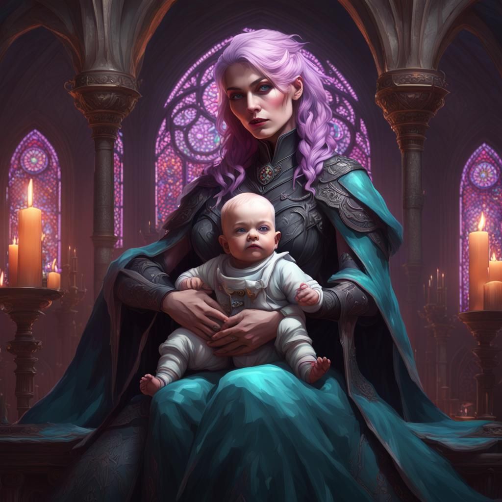 Pink-Haired Reaper with Baby: Gothic Art Nouveau