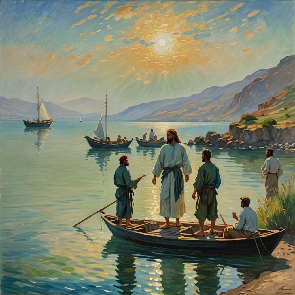 Jesus and Fishermen: Impressionist Painting on Galilee