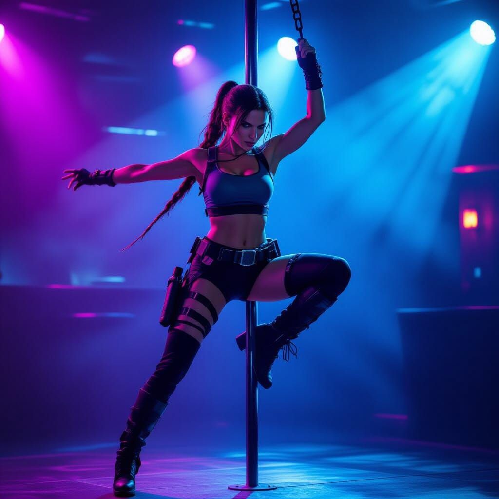 Lara Croft Pole Dancing in Neon Underground Club
