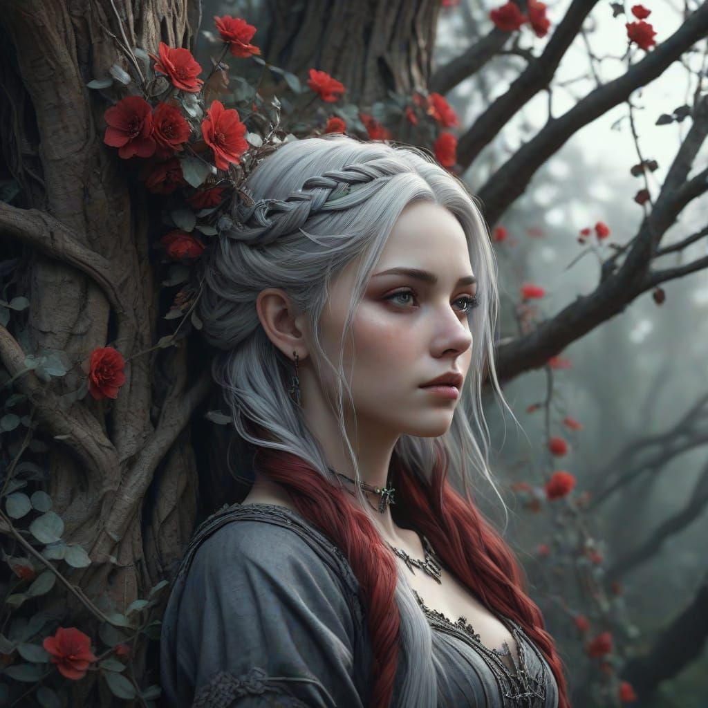 Ethereal Fairy in Muted Grays and Bold Red