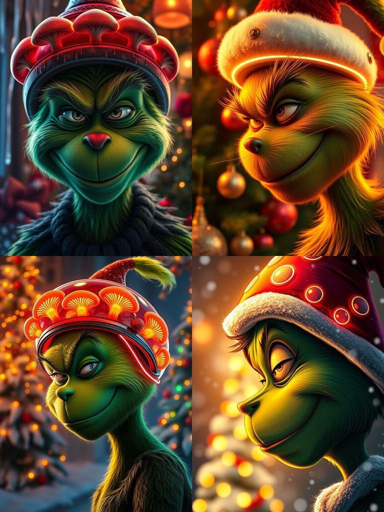 The Grinch's Elegant Facial Expression in a Neon Wonderland