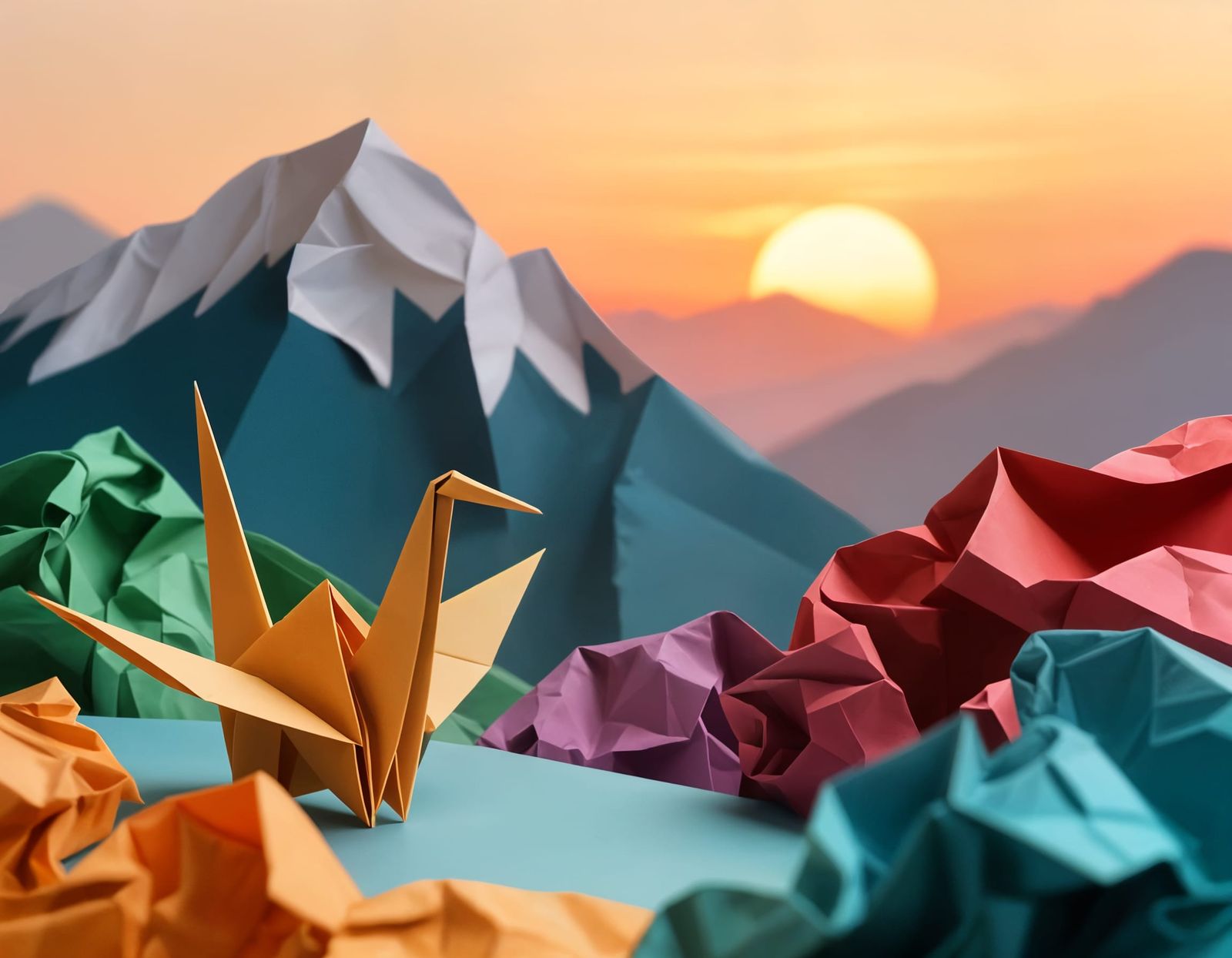 Sunrise Over Chinese Mountains in Origami Paper Style