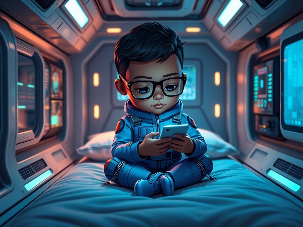Chibi Space Boy in Vibrant Blue Spacesuit Types on Smartphon...