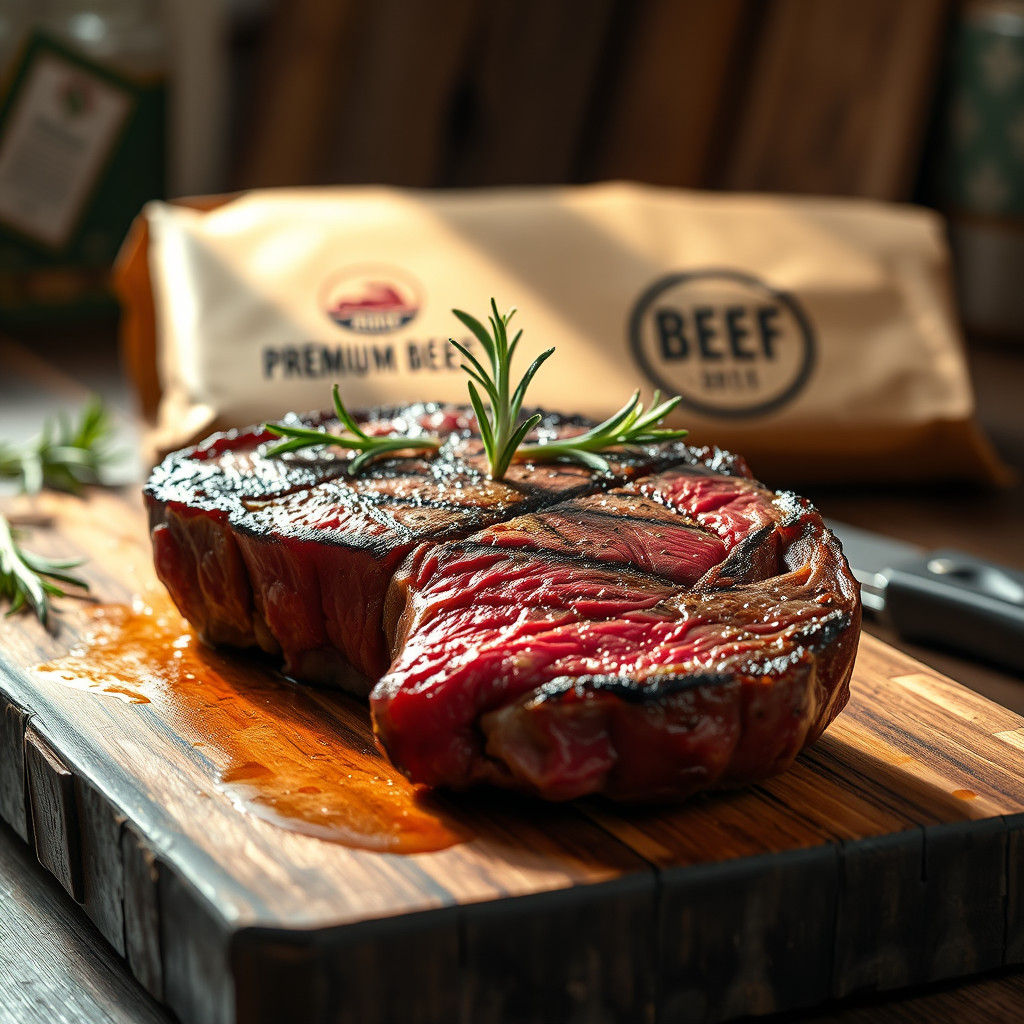 Juicy Ribeye Steak Still Life on Rustic Board