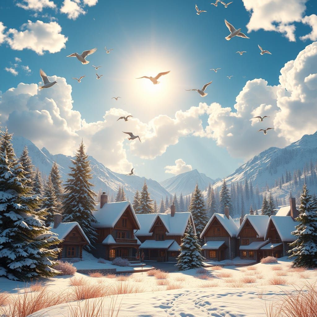 Surreal Winter Village in Vibrant Details, Golden Sunlight