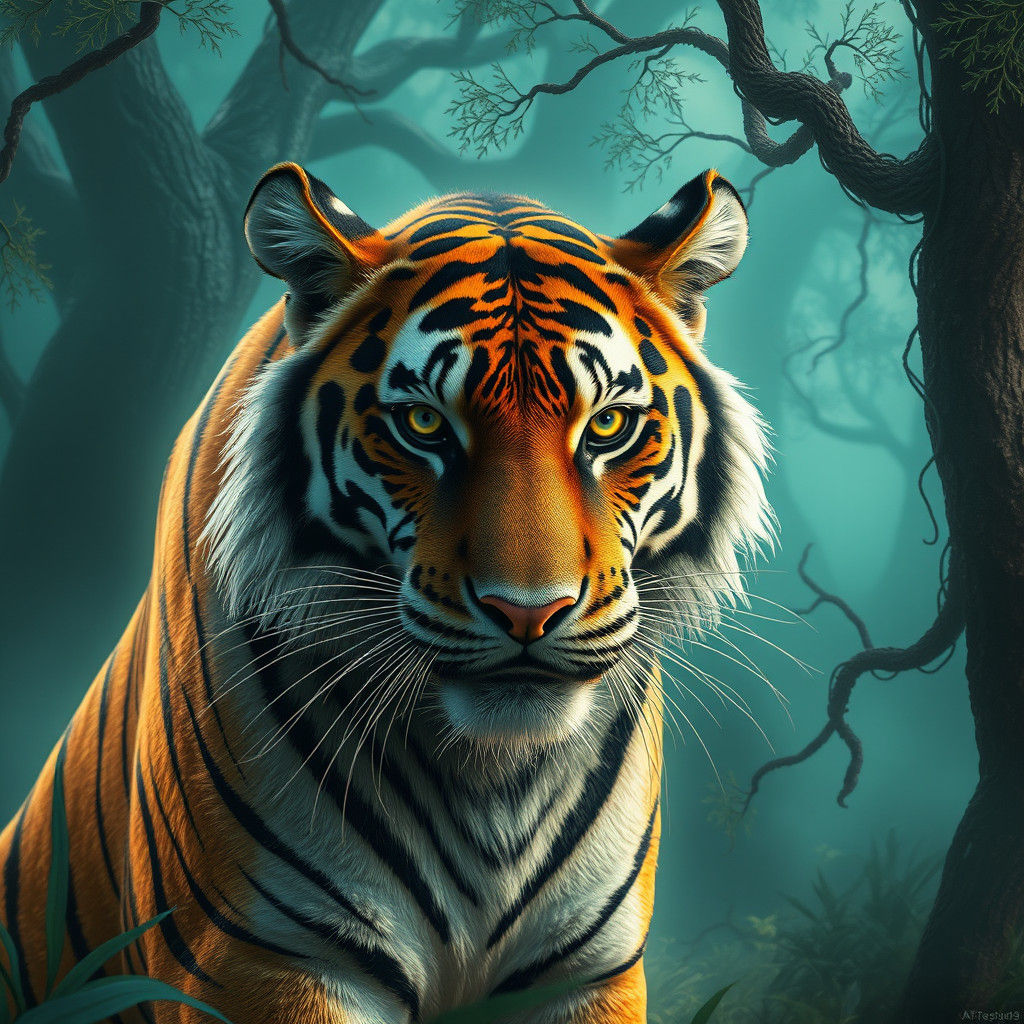 Crying Tiger in Lush Environment, Realistic Matte Painting