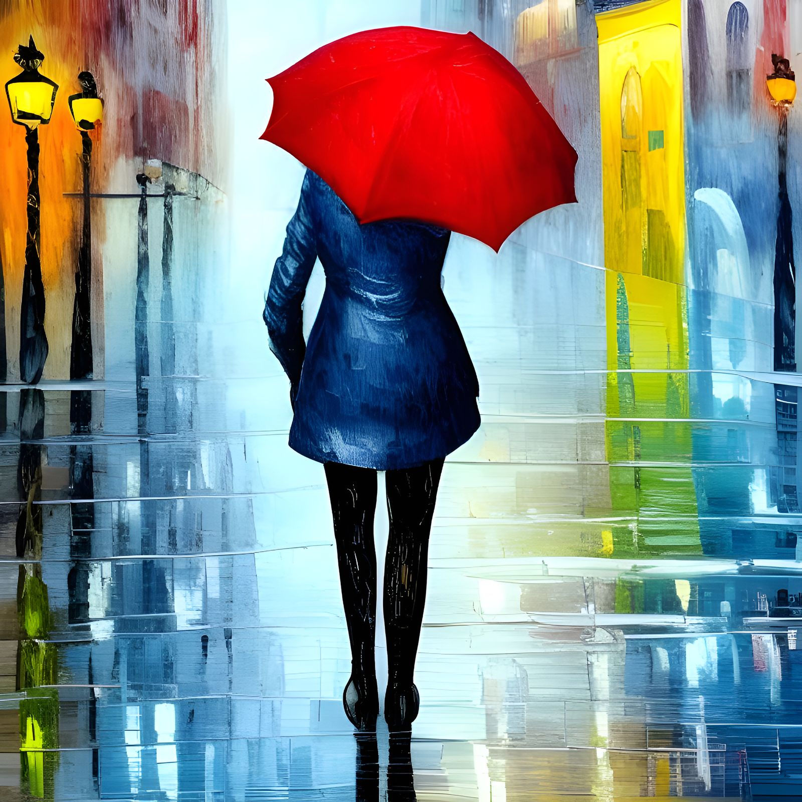 Attractive Person with Umbrella in Rainy City, Impasto Paint...
