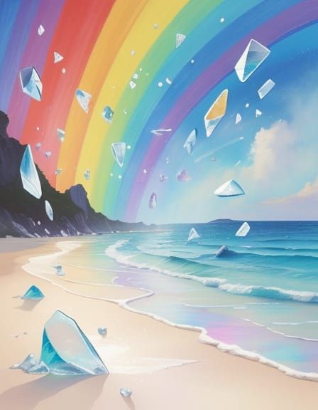 Crystal Rain on Pastel Beach: A Surreal Dreamscape