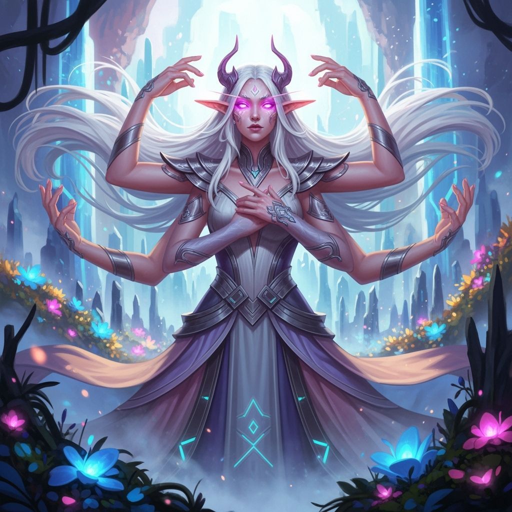 Elegant Four-Armed Elf Giantess in Dreamlike Setting