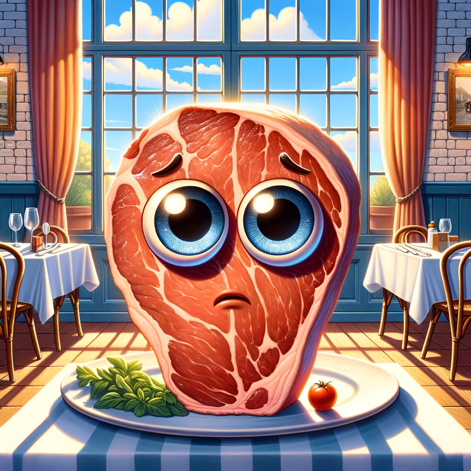 Sad Adorable Steak Portrait in Cartoon Style