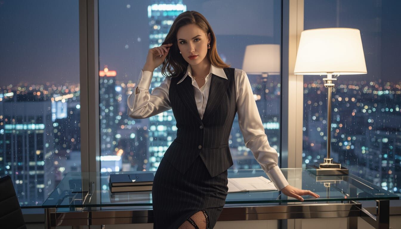 Woman in Pinstripe Waistcoat in Penthouse Office