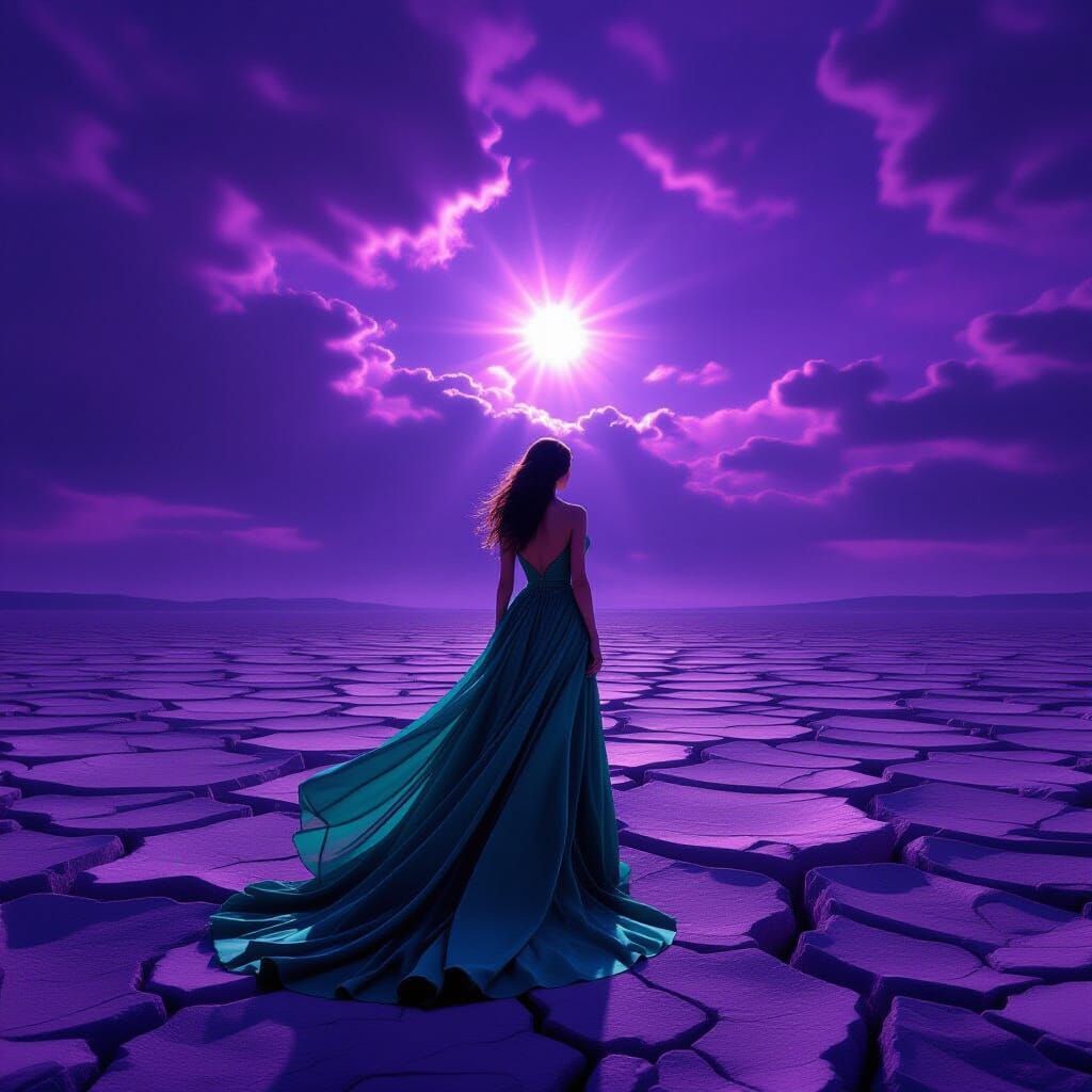 Solitary Woman in Emerald Gown on Cracked Earth