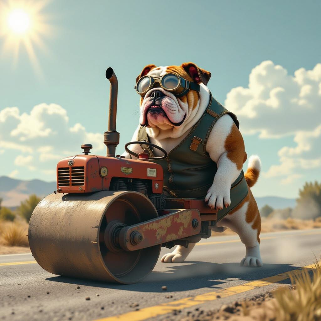 Bulldog Steamroller Operator in Dystopian Digital Art Style
