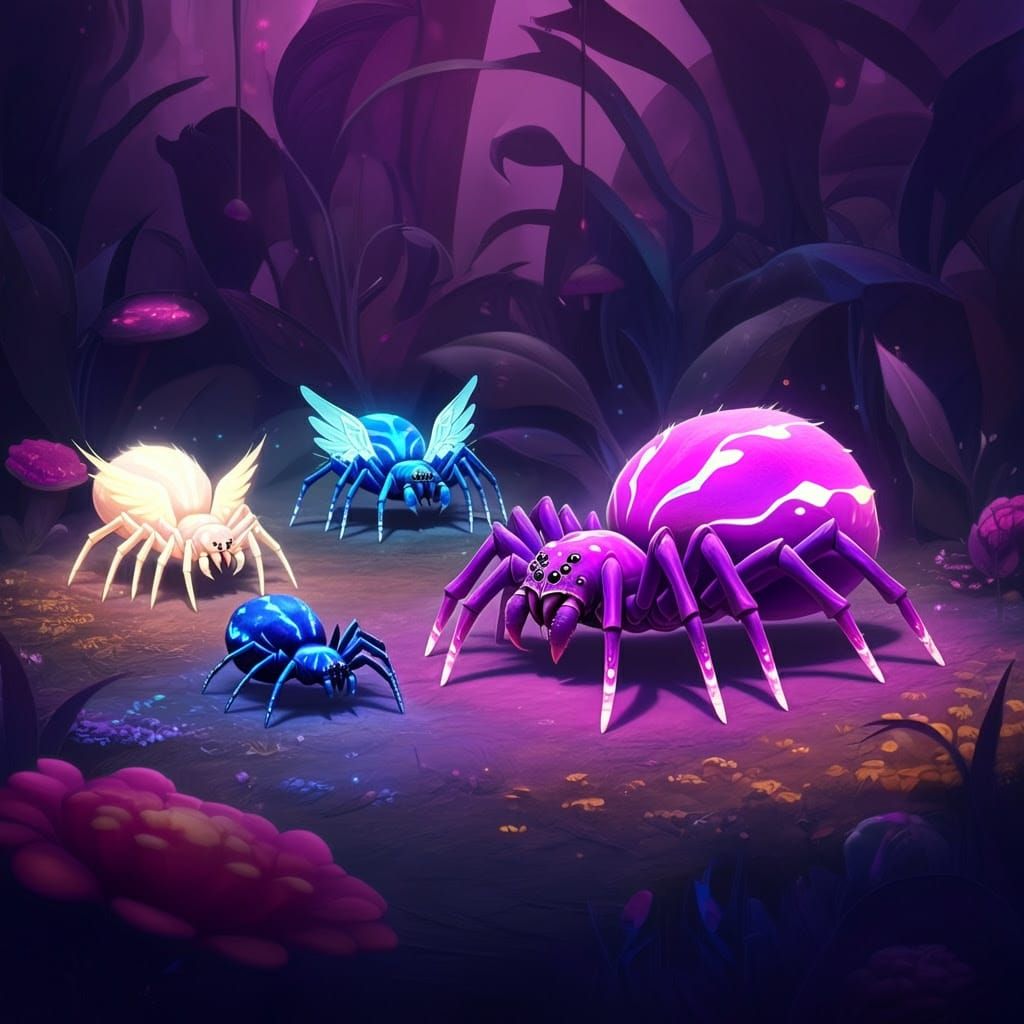 Eldritch Spiders with Angel Wings in Cyberpunk Garden