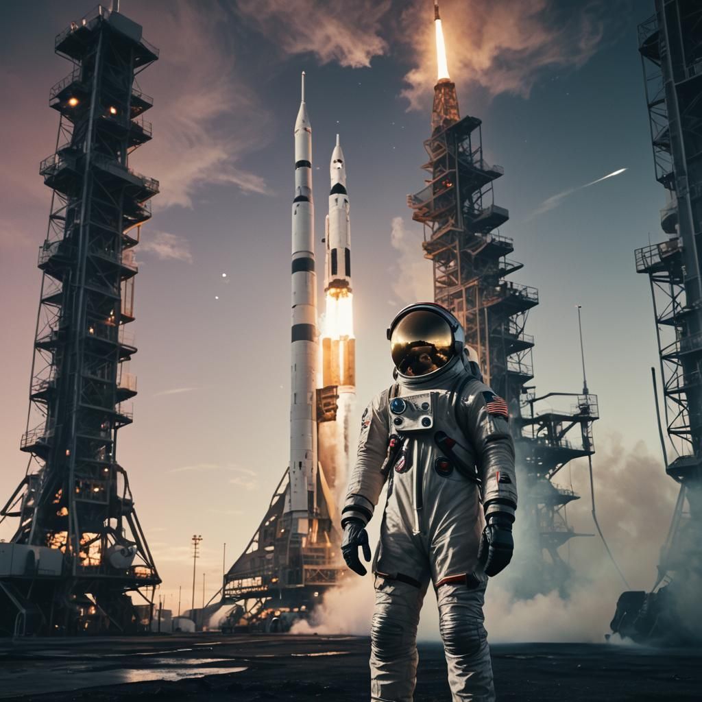 Vintage Astronaut at Launchpad in NASA Archival Style