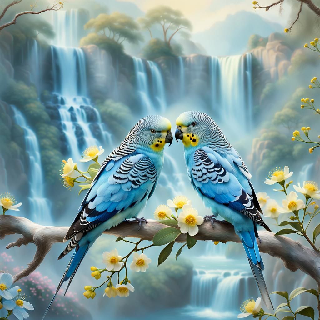 Whimsical Sky Blue Budgerigars in Serene Waterfall Scene
