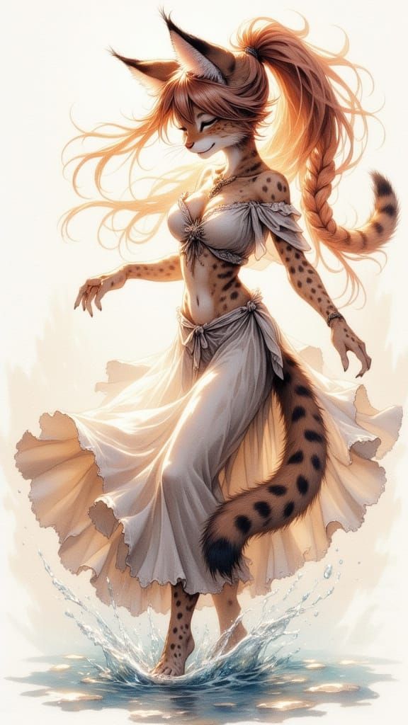 Sensual Dancing Cat in Watercolor Expressionist Style