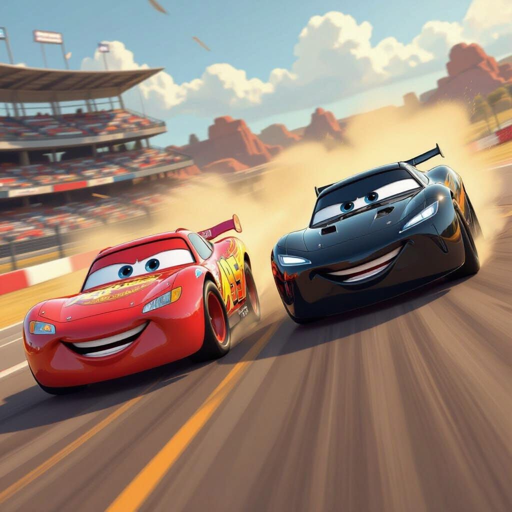 Red Race Car vs Black Car on Track in 3D Cartoon Style