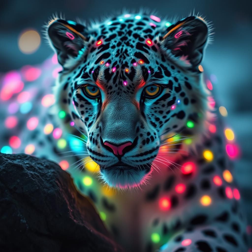 Luminous Snow Leopard Woven from Light Threads