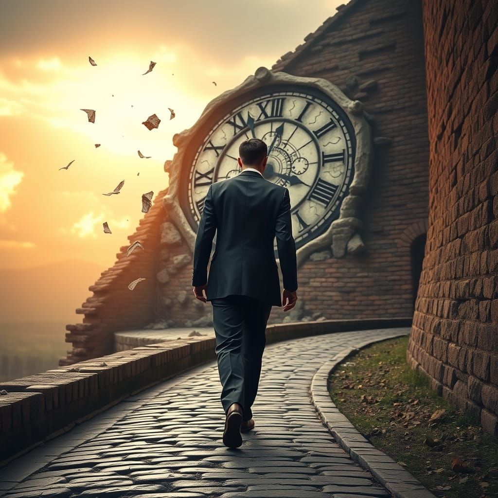 A Lone Figure Contemplates Time in a Dreamlike, Cyberpunk-In...