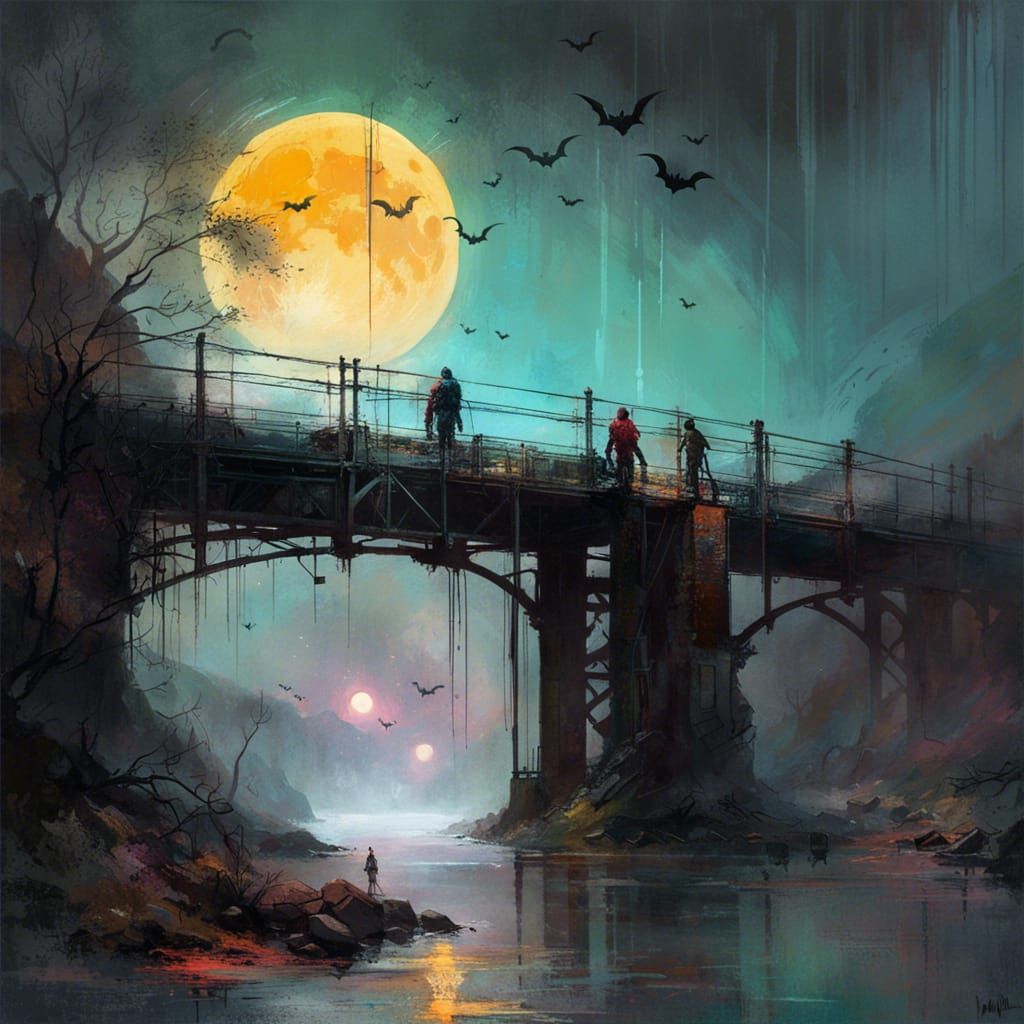 Bridge and Moon in Detailed Matte Painting Style