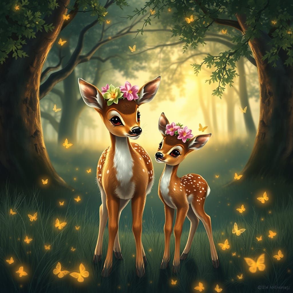 Enchanted Forest: Deer and Fawn in Sunlight