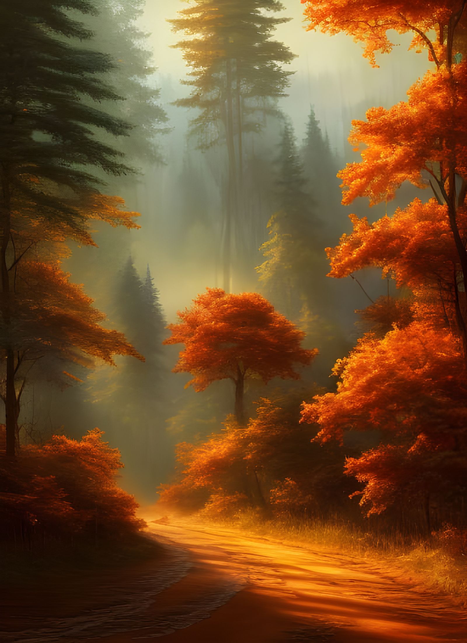 Detailed Autumn Forest Landscape at Sunrise in 8K