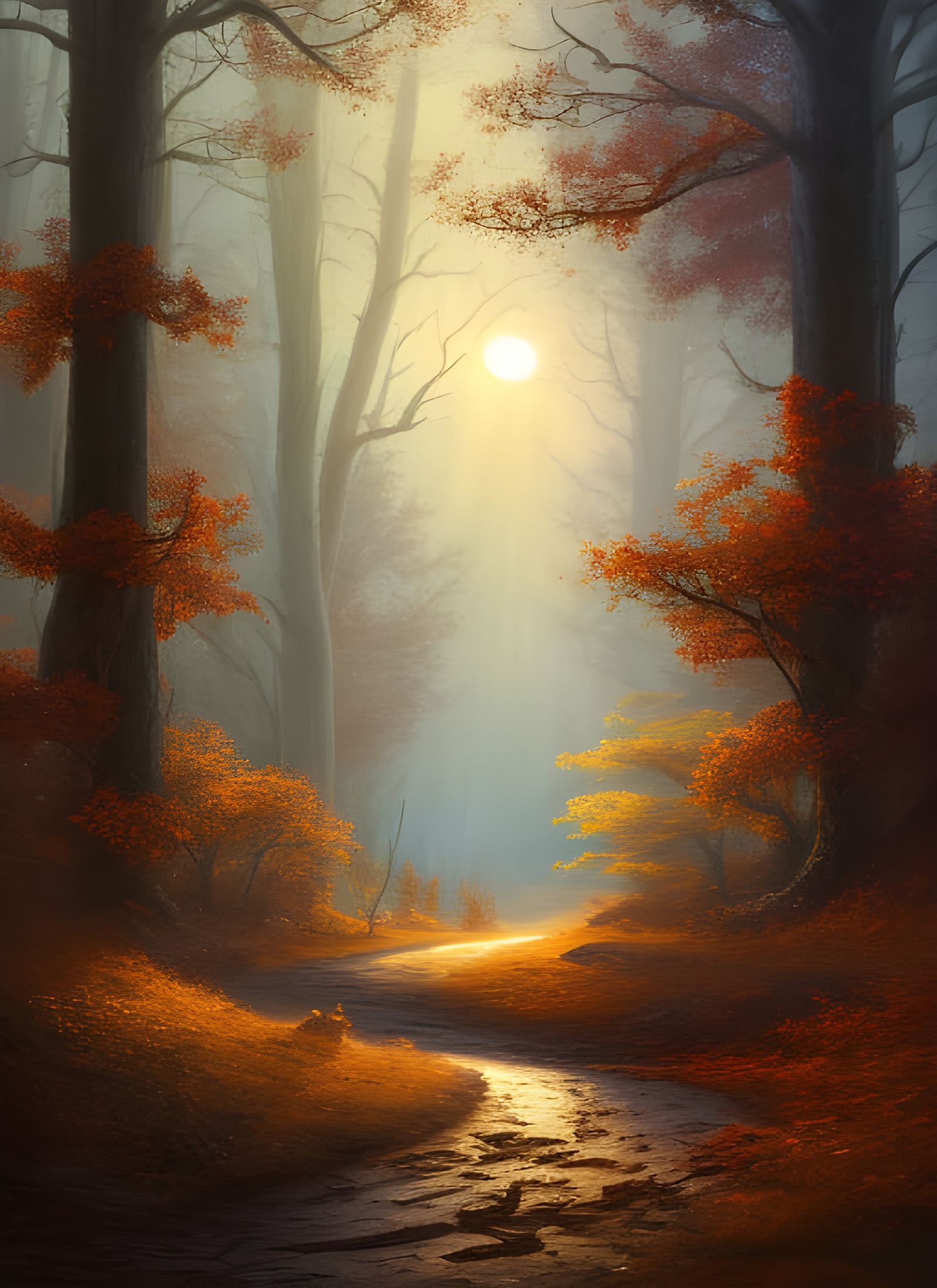 Detailed Autumn Forest Landscape at Sunrise
