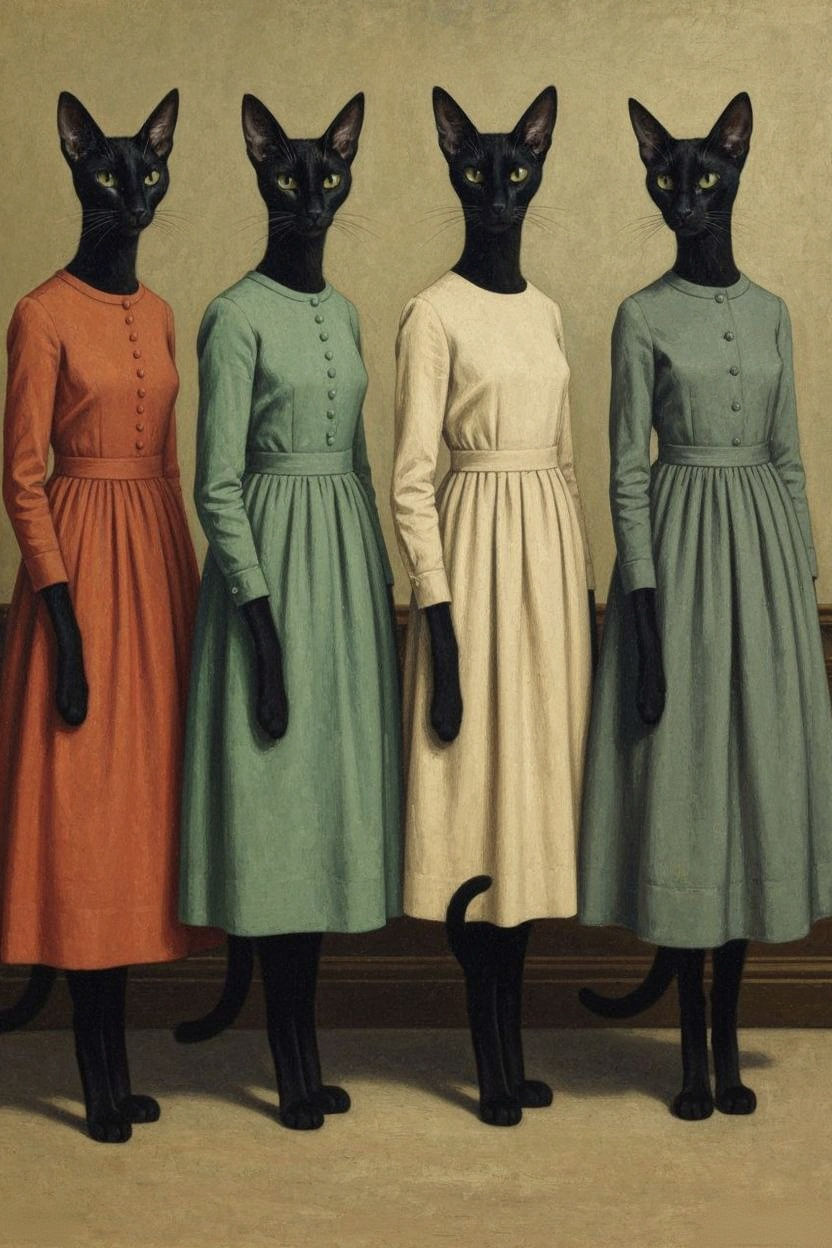Elegant Black Cats in Vintage Dresses, Kandinsky Style