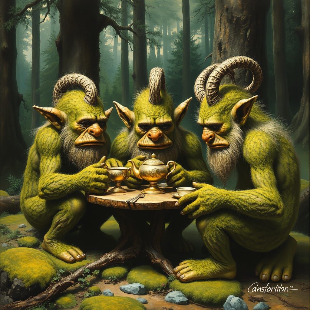 Scandinavian Trolls Tea Party in Frazetta Style