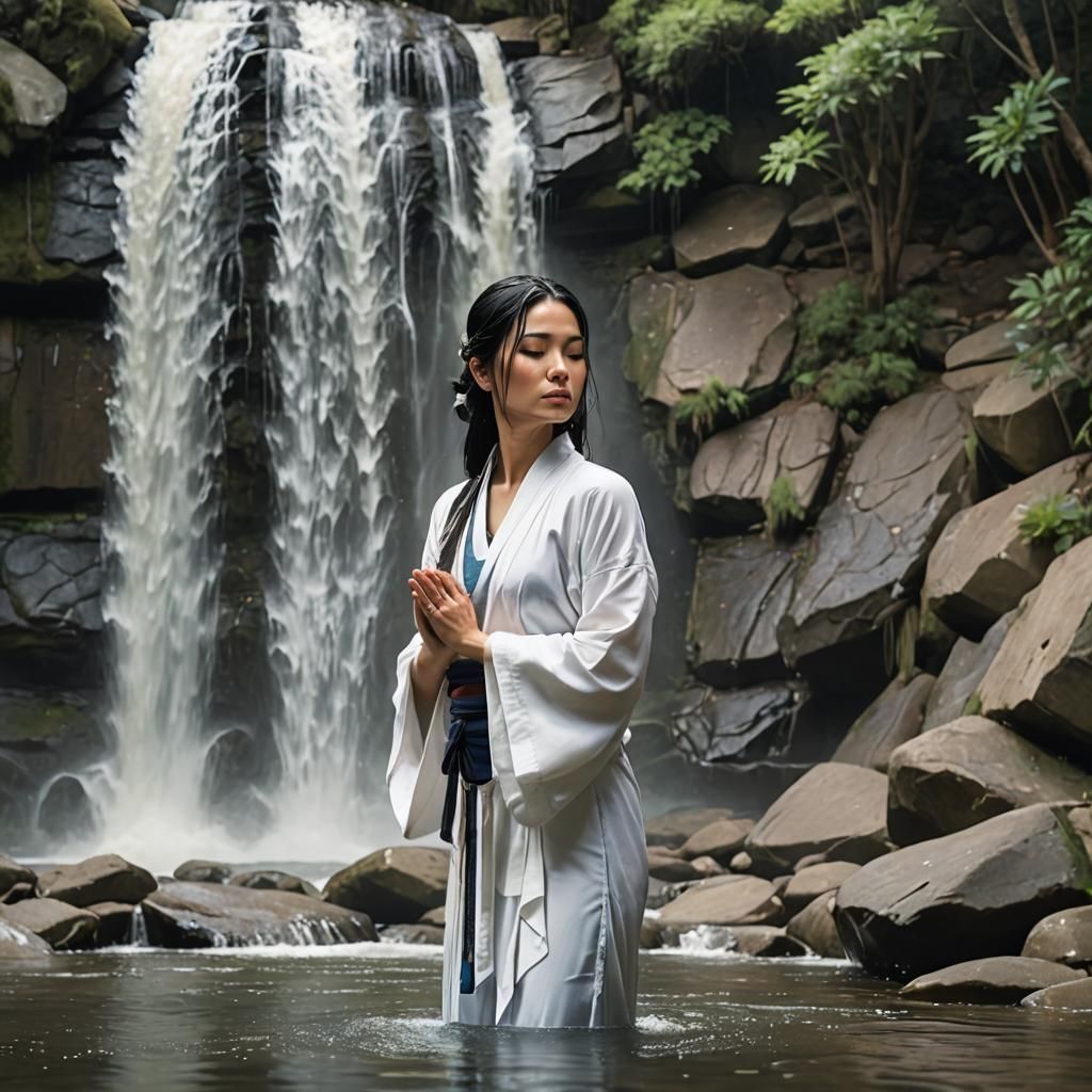 Waterfall Meditation: Serene Woman in Nature