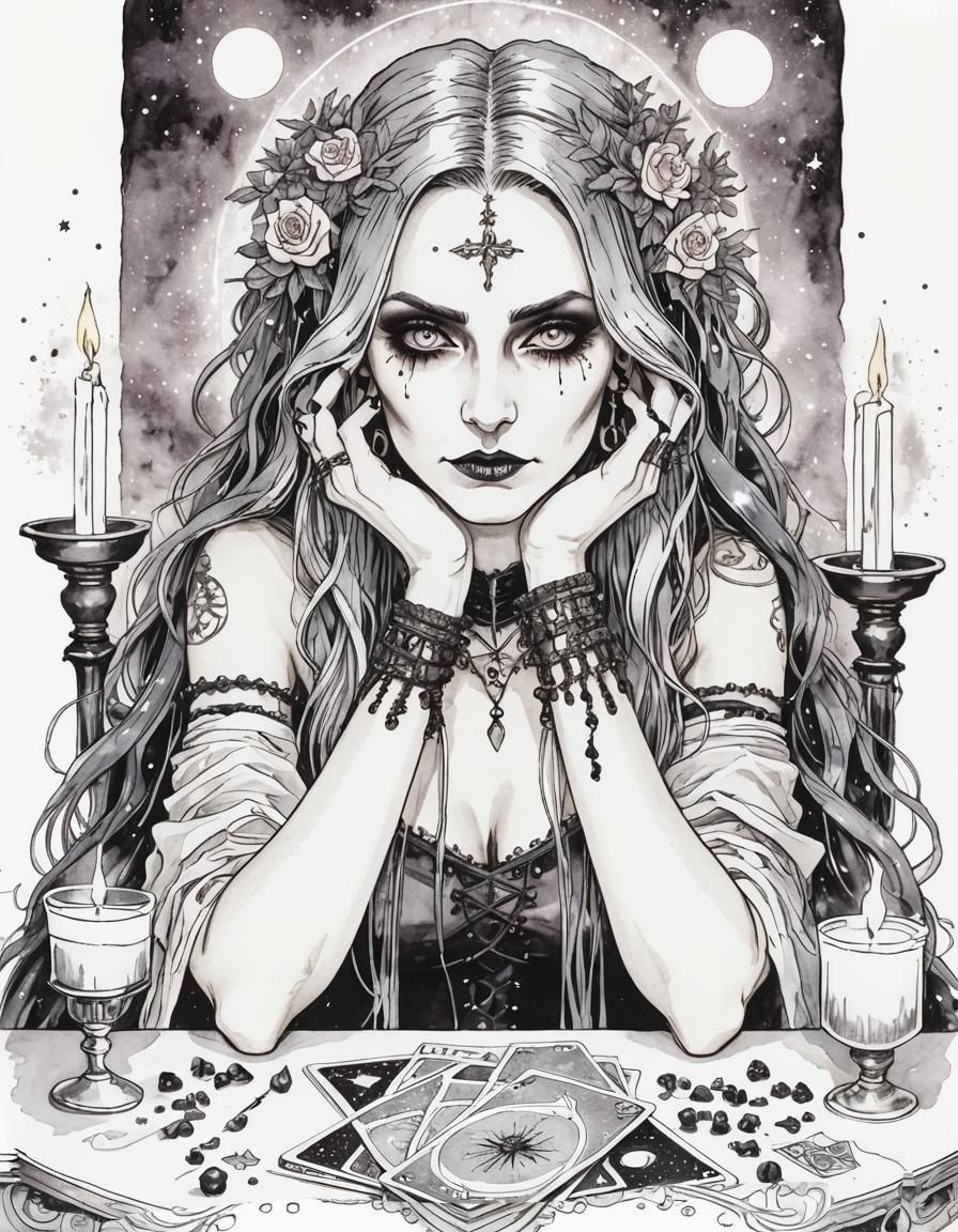 Gothic Seer Reading Tarot Cards in Digital Art
