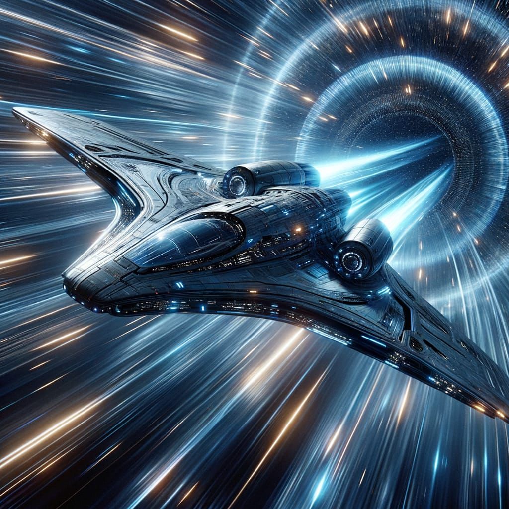 Futuristic Spaceship at Warp Speed in Deep Space