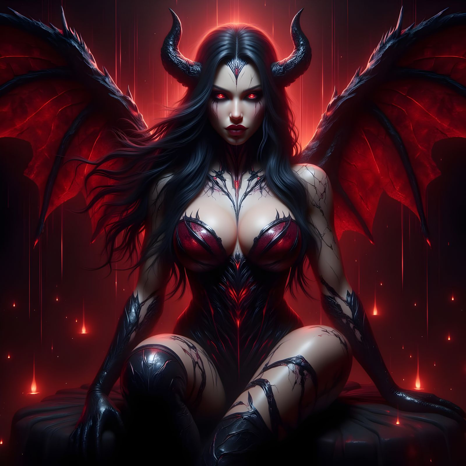 Elegant Demonic Woman in Crimson and Black