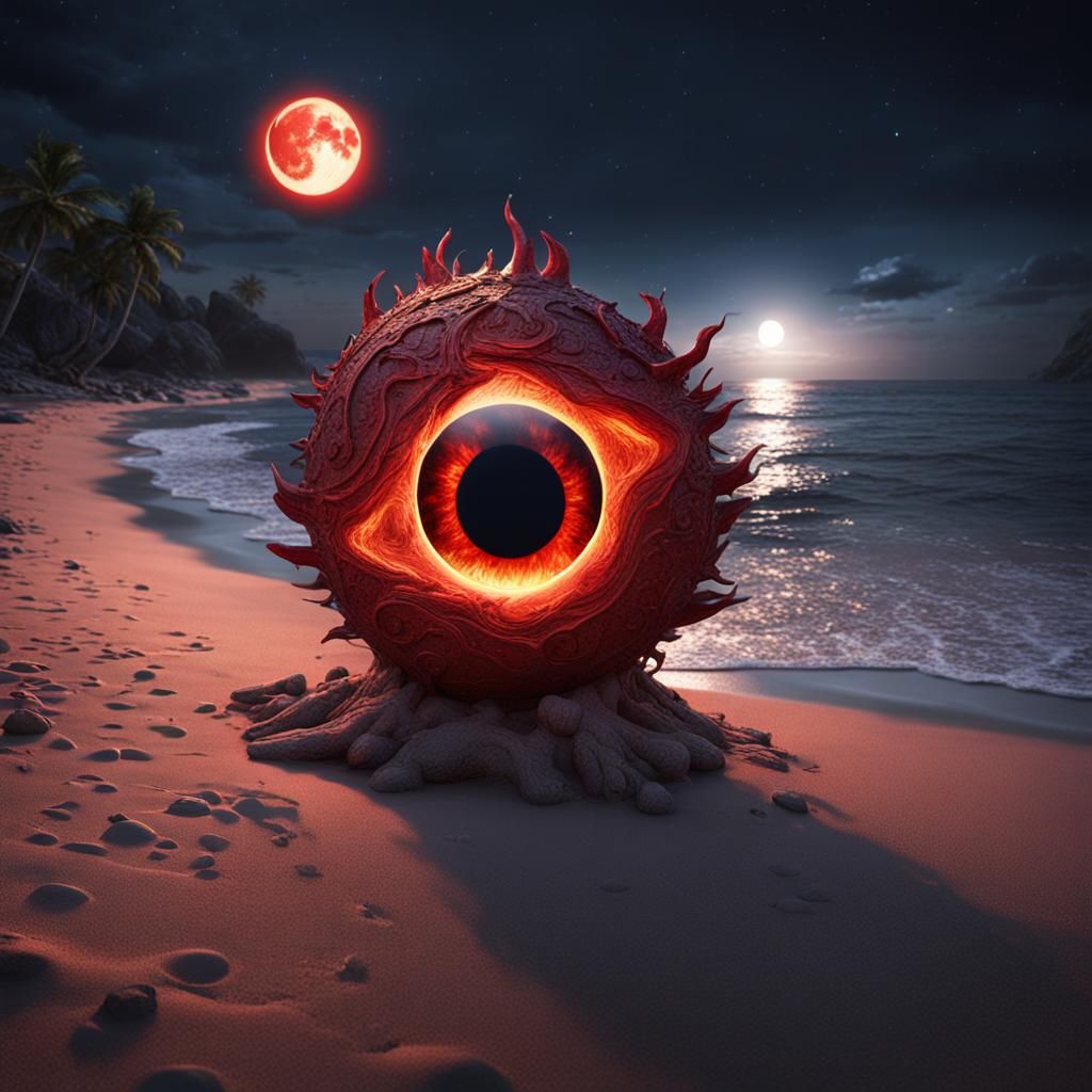Flaming Red Eye on Beach in Moonlight