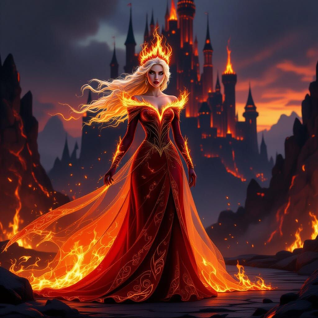 Majestic Flame Queen Commanding Living Fire in Fiery Castle