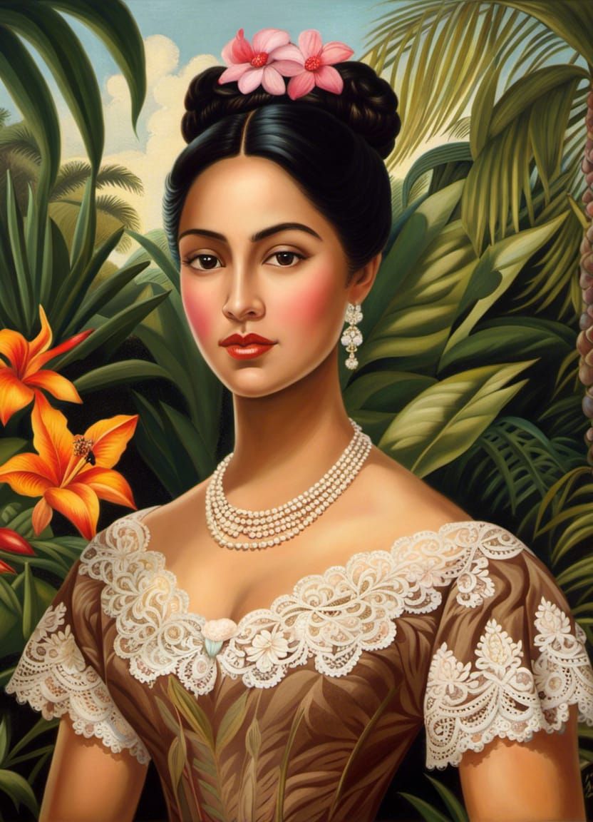 Indonesian Woman in Garden, Van Gogh Style