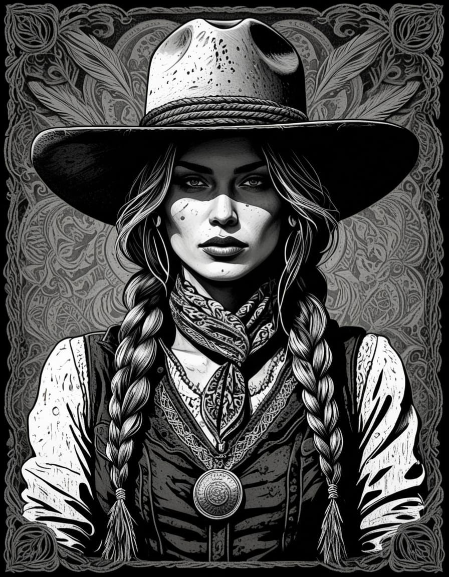 Mysterious Outlaw Cowgirl in Vintage Woodblock Style