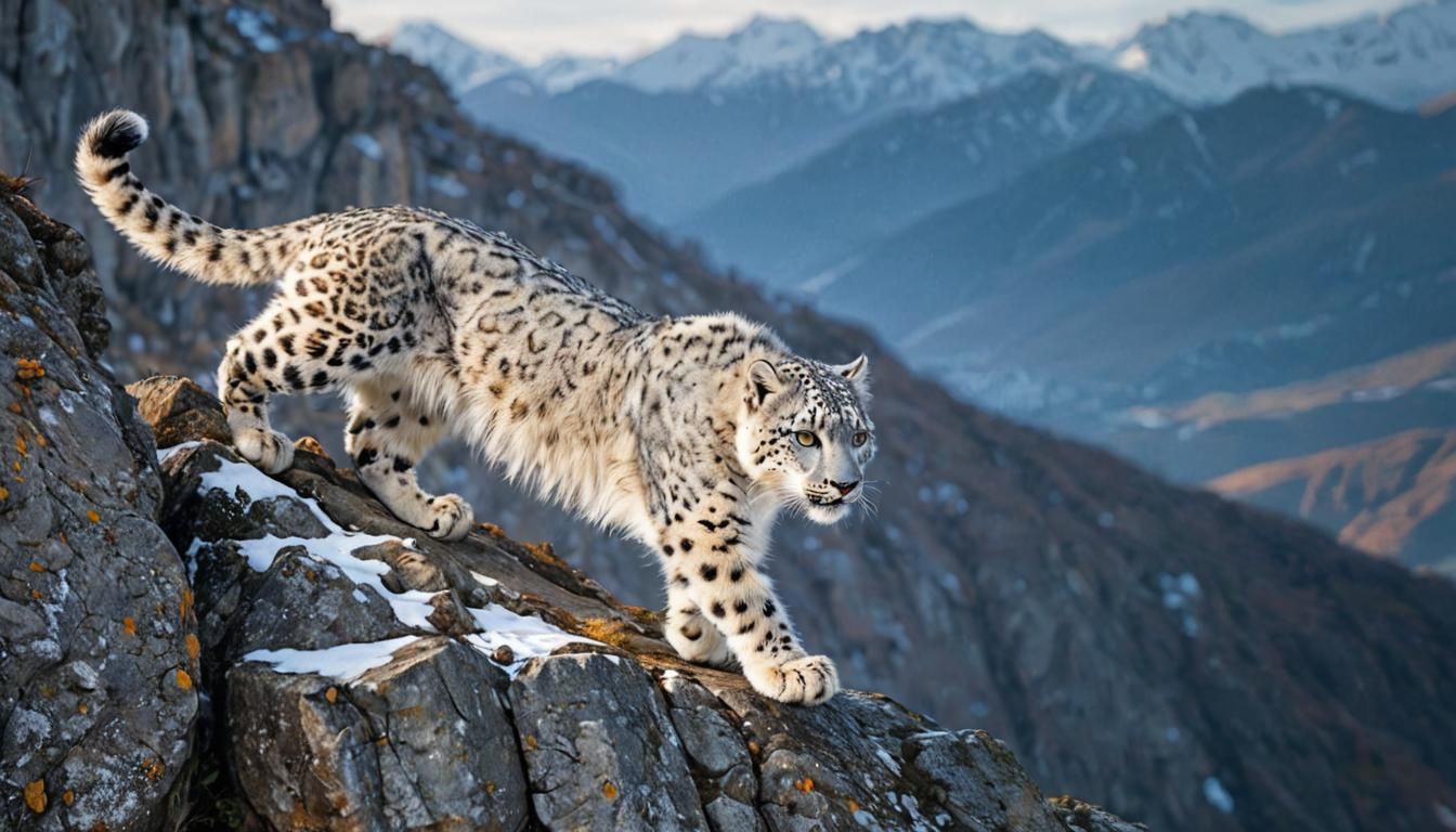 Snow Leopard Cub on Snowy Cliff: Photorealistic Wildlife