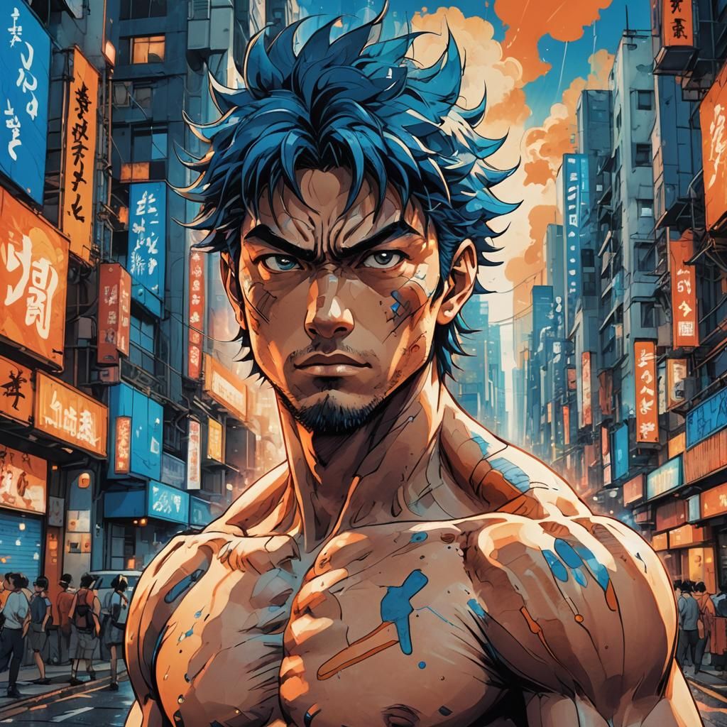Shirtless Anime Hero in Electric Cityscape